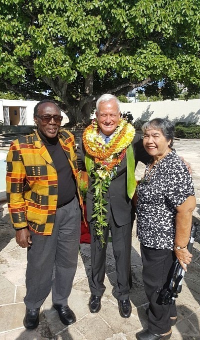 L to R: Dr. Gilbert Githere (President:Honolulu Mombasa Sister), Mayor: Kirk Caldwell (Honolulu), and Ann Githere.